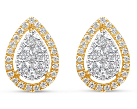 yellow gold pear shaped diamond halo stud earrings