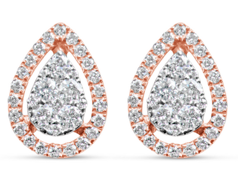 rose gold pear shaped diamond halo stud earrings