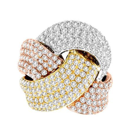 white gold rose gold and yellow gold diamond statement ring
