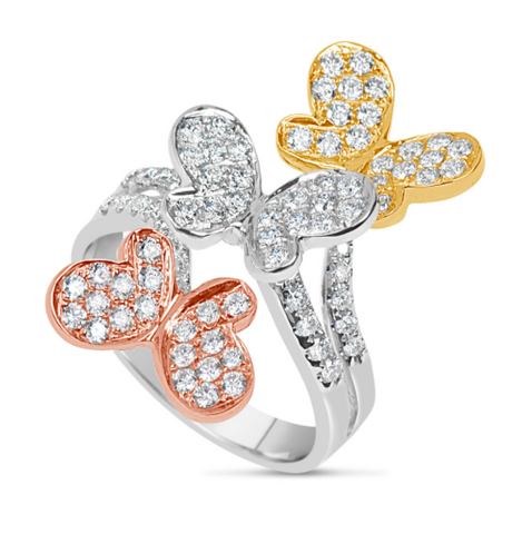white gold rose gold and yellow gold diamond butterfly ring