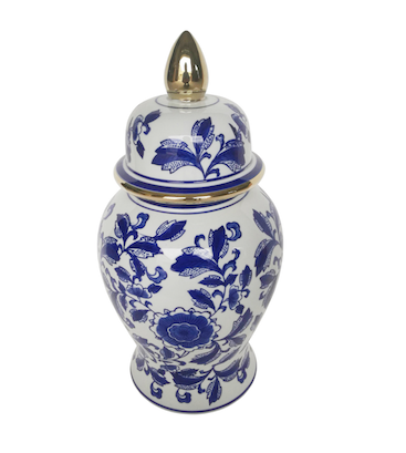 Ceramic Blue & White Rose Flower Temple Jar