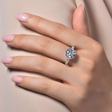 lafonn classic three stone engagement ring on hand