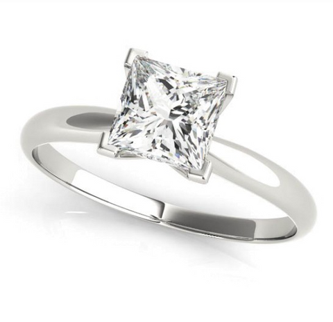 white gold solitaire engagement ring with a princess cut diamond